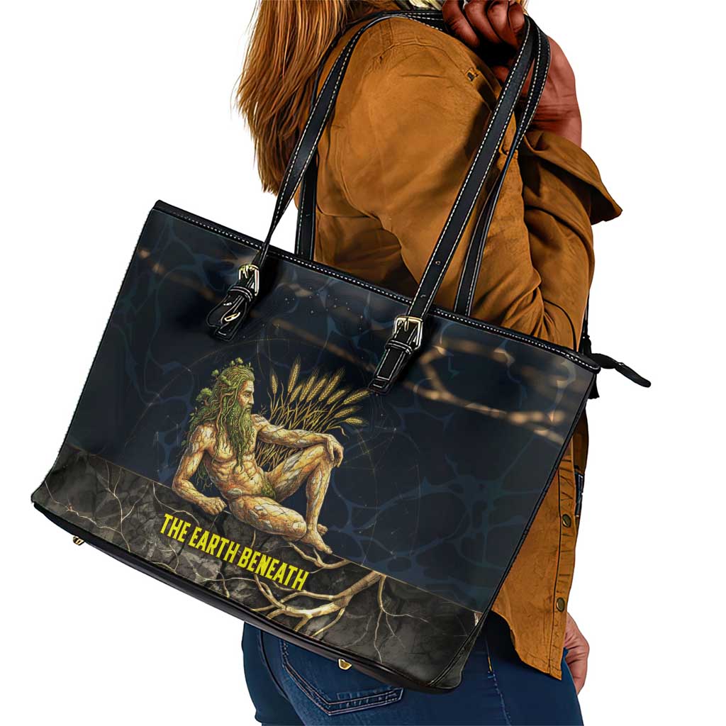 Geb Leather Tote Bag Ancient Egyptian Cracked Earth and Wheat Illustration Egyptian Earth God - African Pride