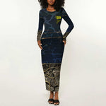 Geb Long Sleeve Bodycon Dress Ancient Egyptian Cracked Earth and Wheat Illustration Egyptian Earth God - African Pride