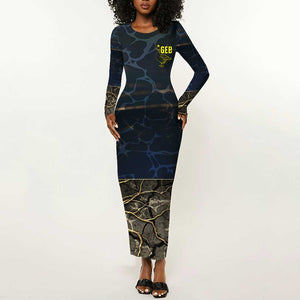Geb Long Sleeve Bodycon Dress Ancient Egyptian Cracked Earth and Wheat Illustration Egyptian Earth God - African Pride