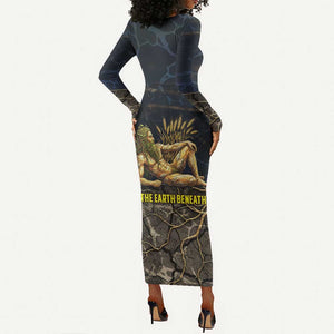 Geb Long Sleeve Bodycon Dress Ancient Egyptian Cracked Earth and Wheat Illustration Egyptian Earth God - African Pride
