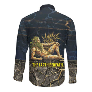 Geb Long Sleeve Button Shirt Ancient Egyptian Cracked Earth and Wheat Illustration Egyptian Earth God - African Pride