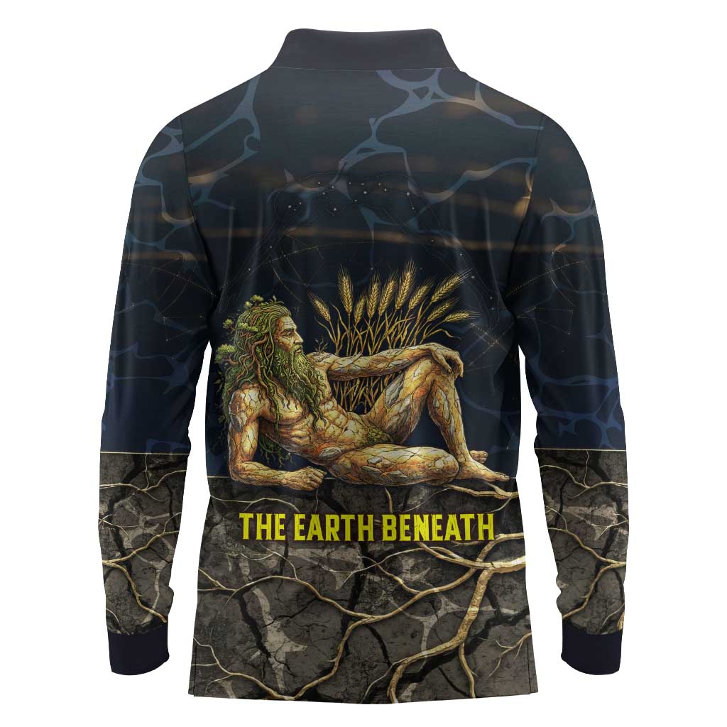 Geb Long Sleeve Polo Shirt Ancient Egyptian Cracked Earth and Wheat Illustration Egyptian Earth God - African Pride