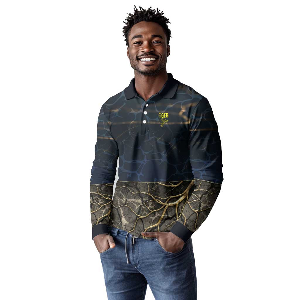 Geb Long Sleeve Polo Shirt Ancient Egyptian Cracked Earth and Wheat Illustration Egyptian Earth God - African Pride