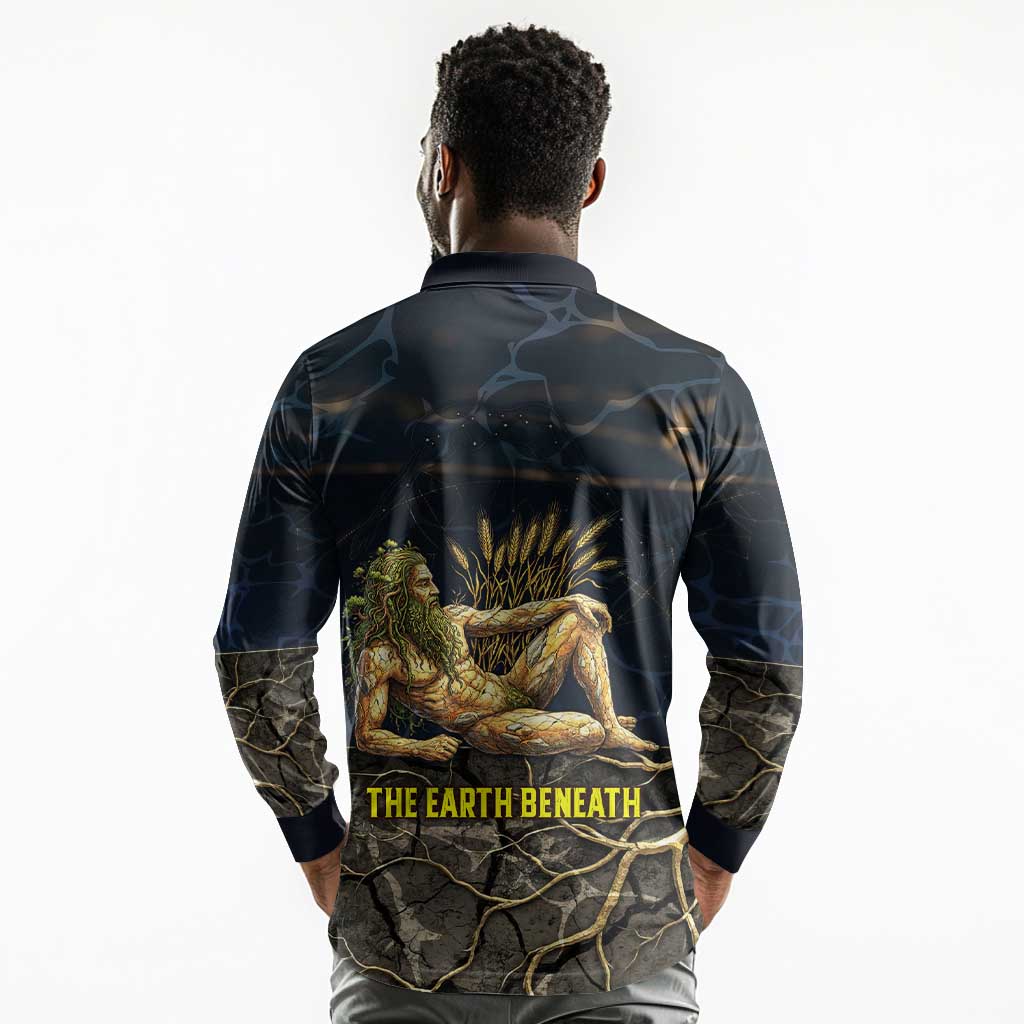 Geb Long Sleeve Polo Shirt Ancient Egyptian Cracked Earth and Wheat Illustration Egyptian Earth God - African Pride