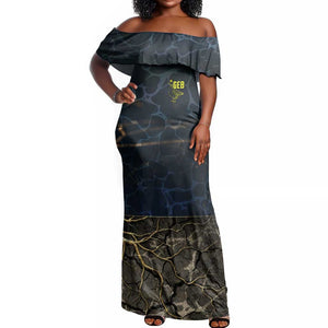 Geb Off Shoulder Maxi Dress Ancient Egyptian Cracked Earth and Wheat Illustration Egyptian Earth God - African Pride