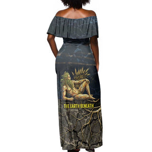Geb Off Shoulder Maxi Dress Ancient Egyptian Cracked Earth and Wheat Illustration Egyptian Earth God - African Pride
