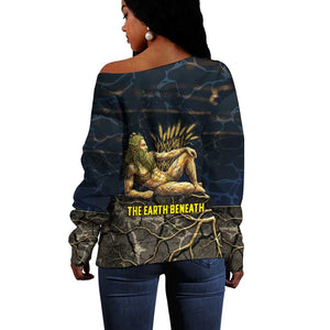 Geb Off Shoulder Sweater Ancient Egyptian Cracked Earth and Wheat Illustration Egyptian Earth God - African Pride