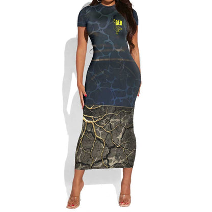 Geb Short Sleeve Bodycon Dress Ancient Egyptian Cracked Earth and Wheat Illustration Egyptian Earth God - African Pride
