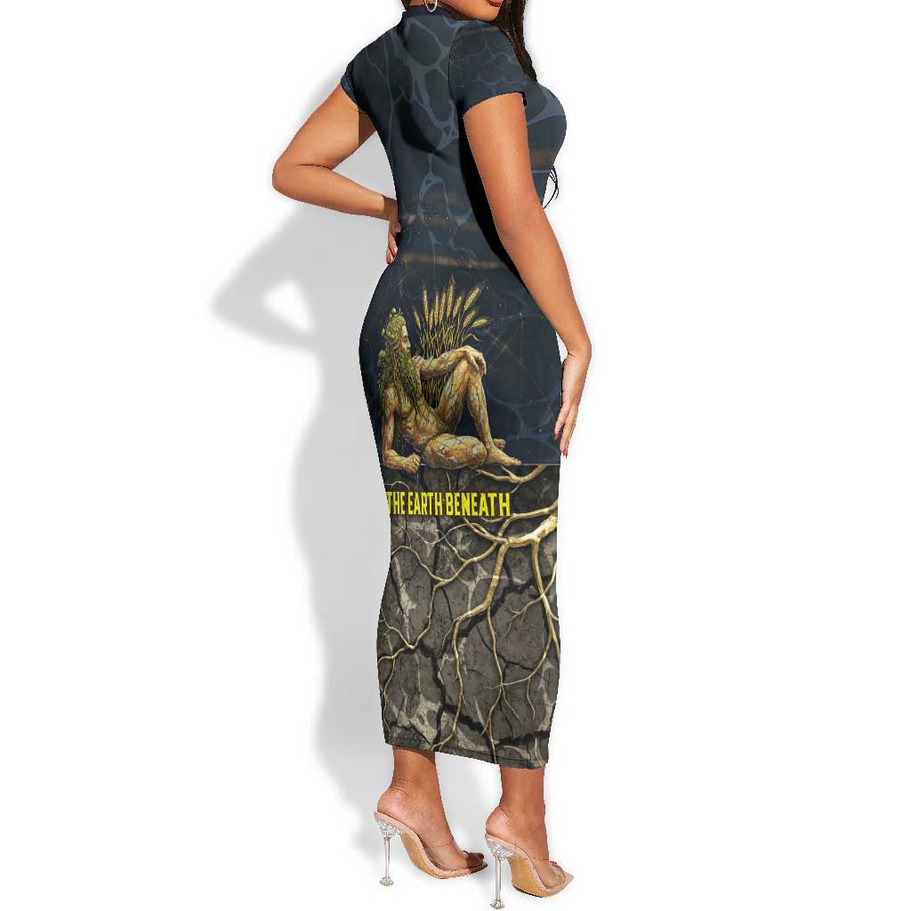 Geb Short Sleeve Bodycon Dress Ancient Egyptian Cracked Earth and Wheat Illustration Egyptian Earth God - African Pride