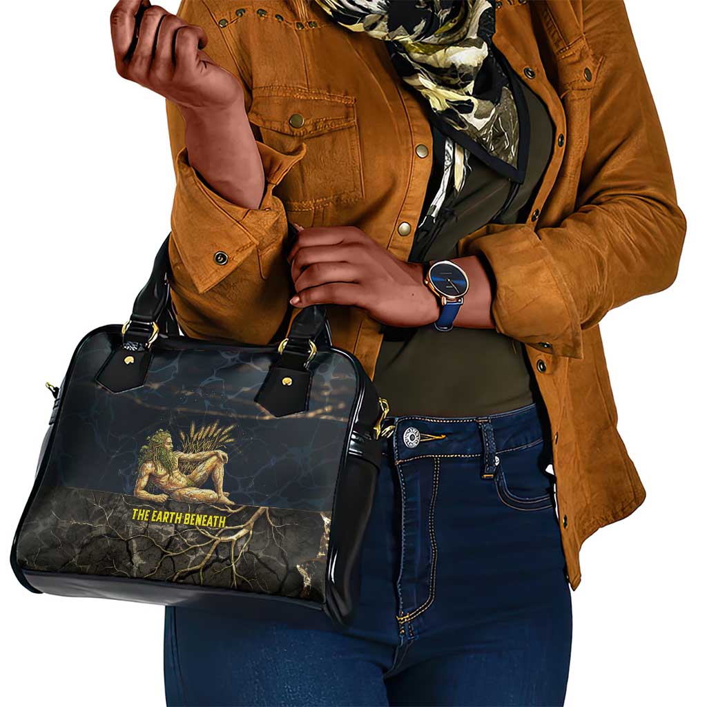 Geb Shoulder Handbag Ancient Egyptian Cracked Earth and Wheat Illustration Egyptian Earth God - African Pride