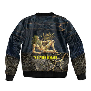 Geb Sleeve Zip Bomber Jacket Ancient Egyptian Cracked Earth and Wheat Illustration Egyptian Earth God - African Pride