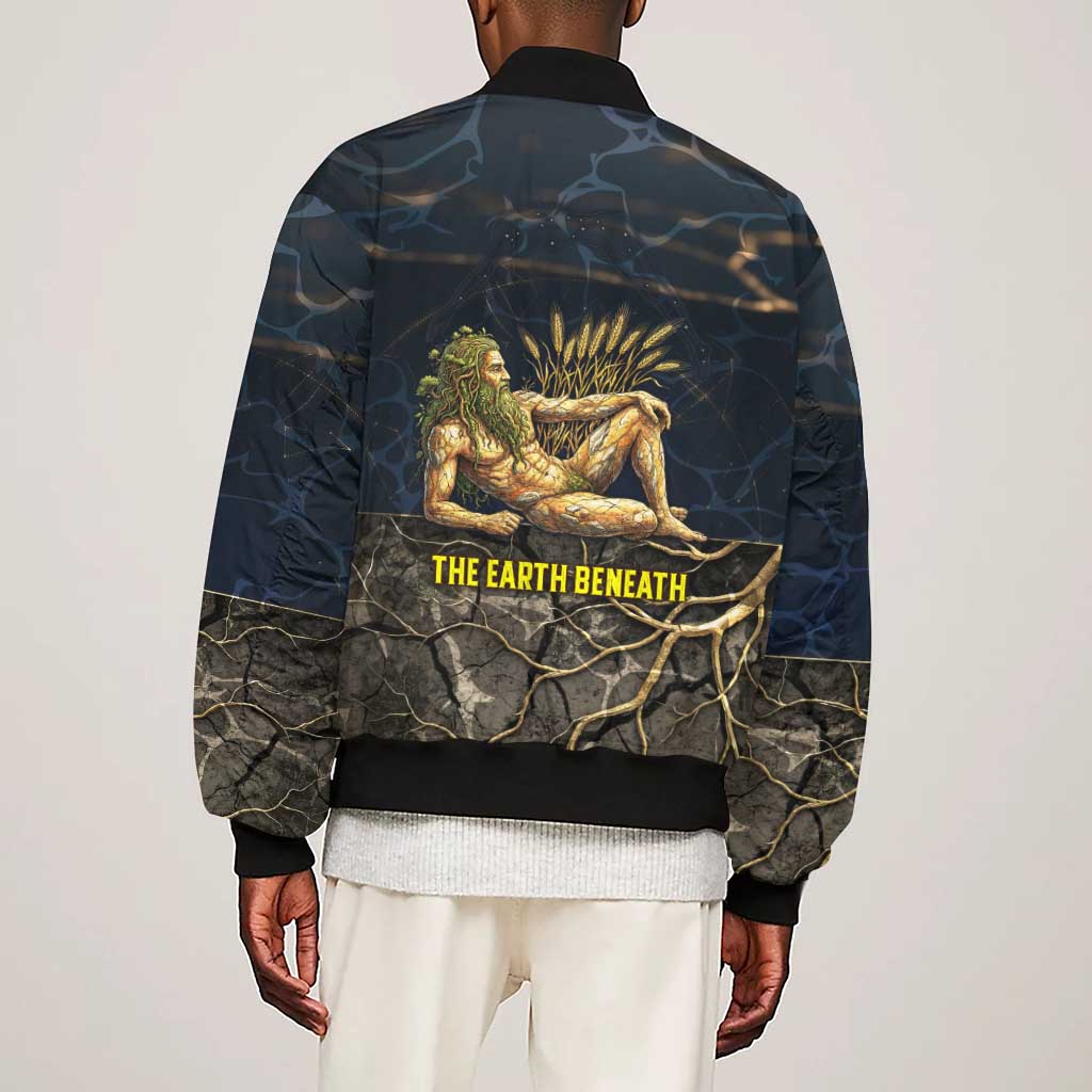 Geb Sleeve Zip Bomber Jacket Ancient Egyptian Cracked Earth and Wheat Illustration Egyptian Earth God - African Pride