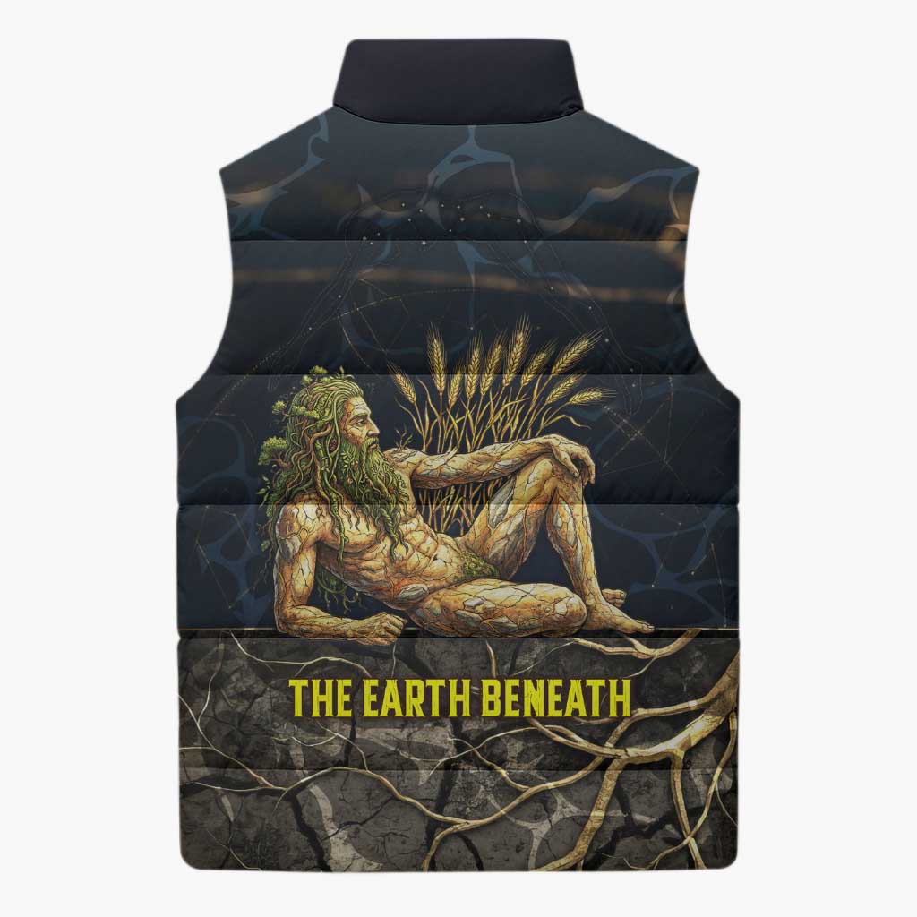 Geb Sleeveless Puffer Jacket Ancient Egyptian Cracked Earth and Wheat Illustration Egyptian Earth God - African Pride