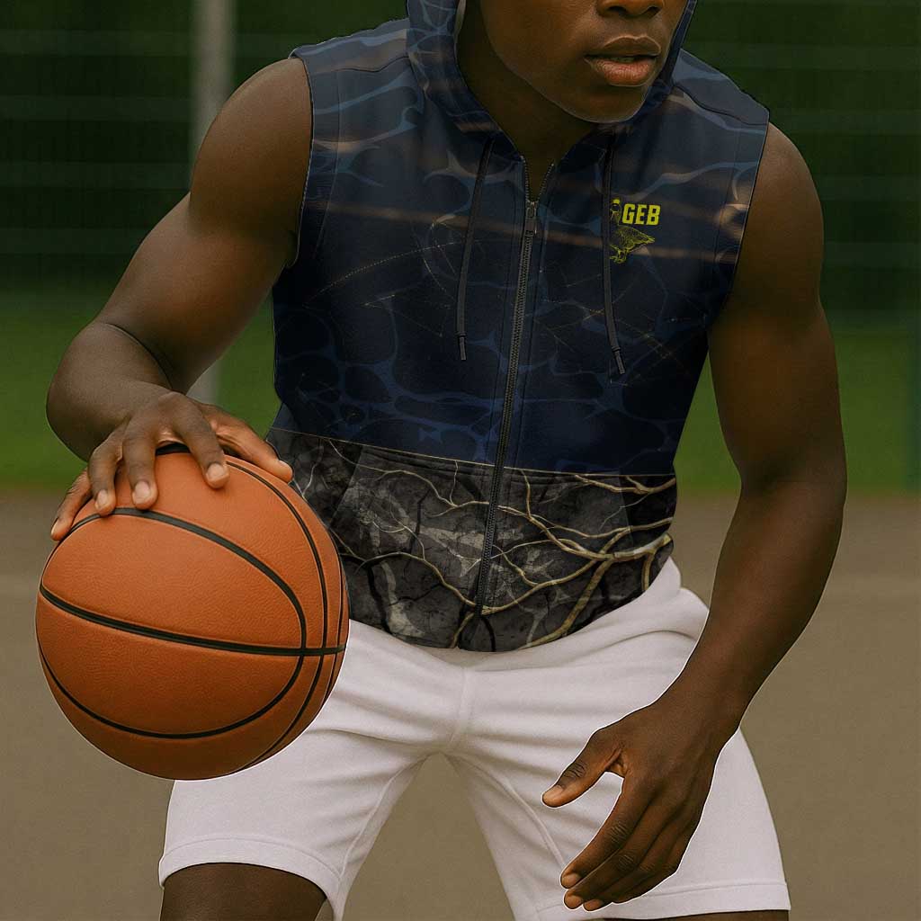 Geb Sleeveless Zip Hoodie Ancient Egyptian Cracked Earth and Wheat Illustration Egyptian Earth God - African Pride