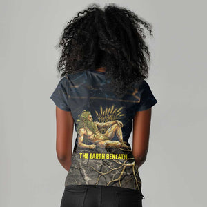 Geb Women V-Neck T-Shirt Ancient Egyptian Cracked Earth and Wheat Illustration Egyptian Earth God - African Pride