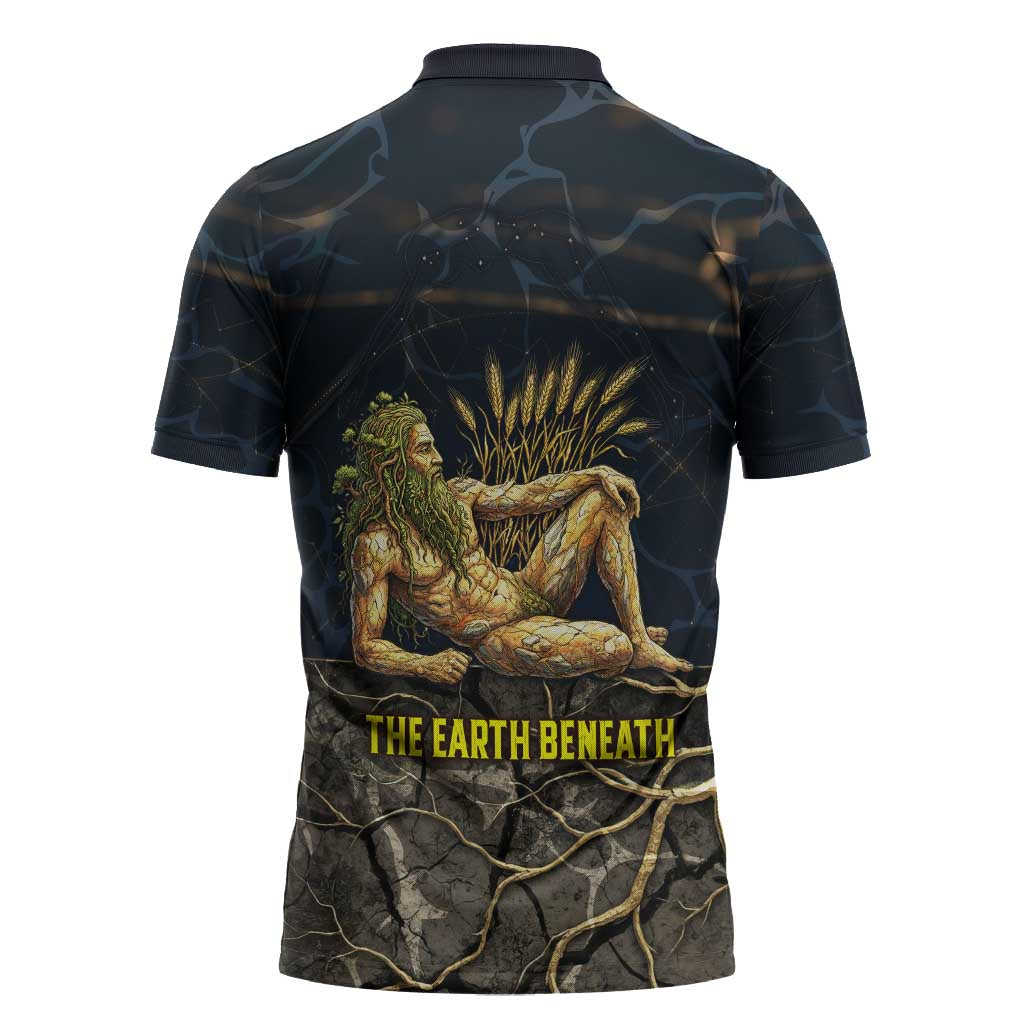 Geb Zipper Polo Shirt Ancient Egyptian Cracked Earth and Wheat Illustration Egyptian Earth God - African Pride