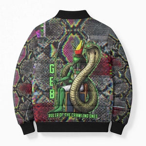 Geb Ancient Egyptian Bomber Puffer Jacket with Serpent Throne and Snake Skin Texture Egyptian Earth God Tribute - African Pride