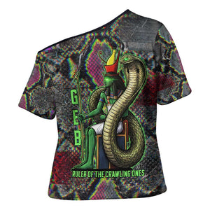 Geb Ancient Egyptian Cross Shoulder Shirt with Serpent Throne and Snake Skin Texture Egyptian Earth God Tribute - African Pride