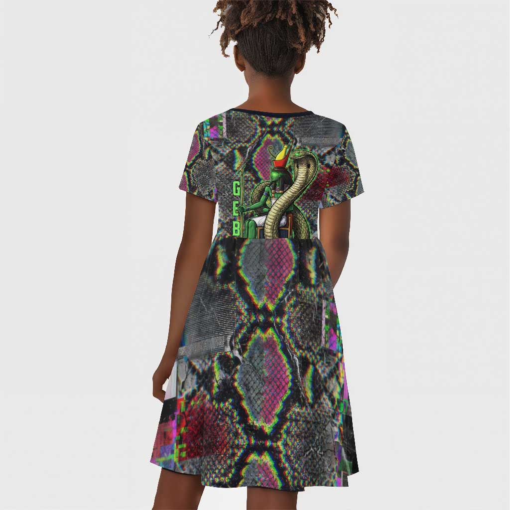 Geb Ancient Egyptian Kid Short Sleeve Dress with Serpent Throne and Snake Skin Texture Egyptian Earth God Tribute - African Pride