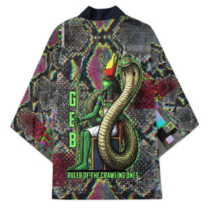 Geb Ancient Egyptian Kimono with Serpent Throne and Snake Skin Texture Egyptian Earth God Tribute - African Pride