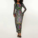 Geb Ancient Egyptian Long Sleeve Bodycon Dress with Serpent Throne and Snake Skin Texture Egyptian Earth God Tribute - African Pride