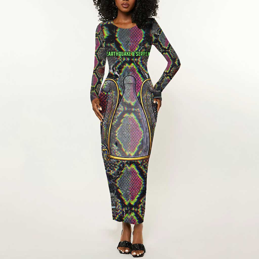 Geb Ancient Egyptian Long Sleeve Bodycon Dress with Serpent Throne and Snake Skin Texture Egyptian Earth God Tribute - African Pride