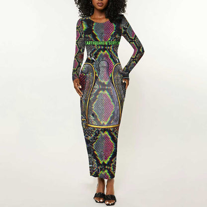 Geb Ancient Egyptian Long Sleeve Bodycon Dress with Serpent Throne and Snake Skin Texture Egyptian Earth God Tribute - African Pride