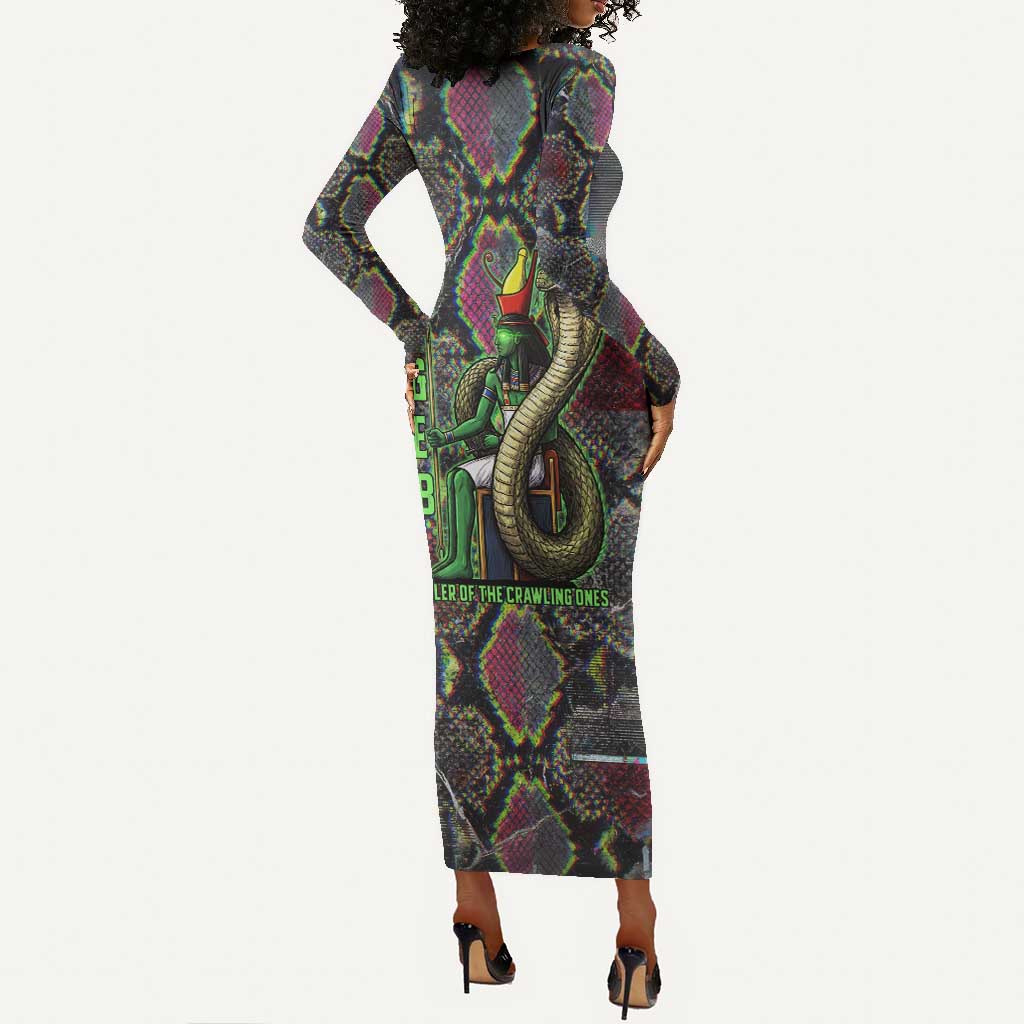 Geb Ancient Egyptian Long Sleeve Bodycon Dress with Serpent Throne and Snake Skin Texture Egyptian Earth God Tribute - African Pride