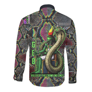 Geb Ancient Egyptian Long Sleeve Button Shirt with Serpent Throne and Snake Skin Texture Egyptian Earth God Tribute - African Pride
