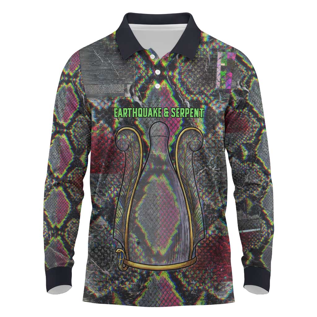 Geb Ancient Egyptian Long Sleeve Polo Shirt with Serpent Throne and Snake Skin Texture Egyptian Earth God Tribute - African Pride