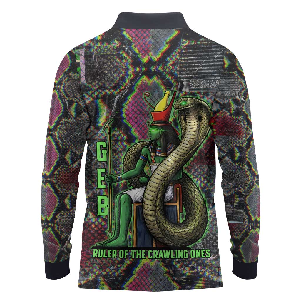 Geb Ancient Egyptian Long Sleeve Polo Shirt with Serpent Throne and Snake Skin Texture Egyptian Earth God Tribute - African Pride