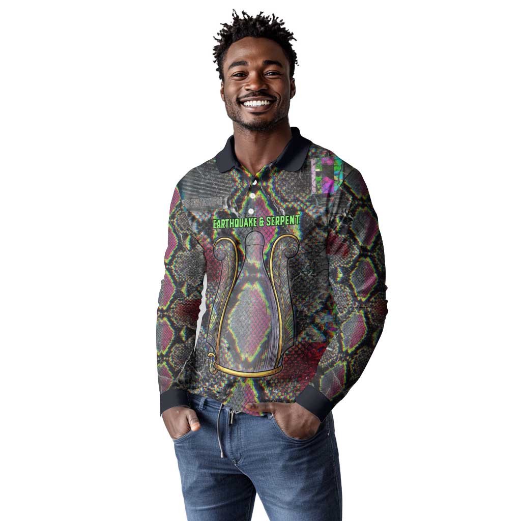Geb Ancient Egyptian Long Sleeve Polo Shirt with Serpent Throne and Snake Skin Texture Egyptian Earth God Tribute - African Pride