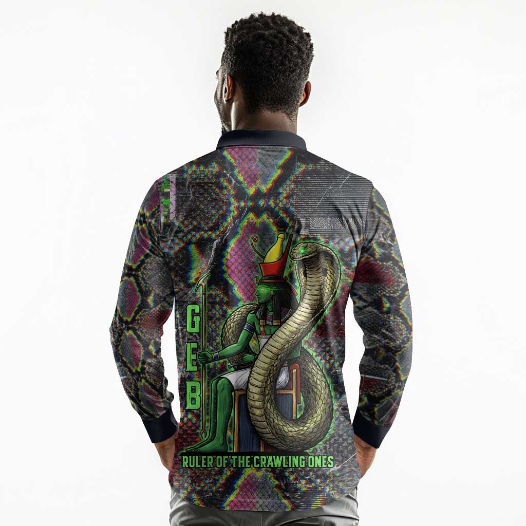 Geb Ancient Egyptian Long Sleeve Polo Shirt with Serpent Throne and Snake Skin Texture Egyptian Earth God Tribute - African Pride