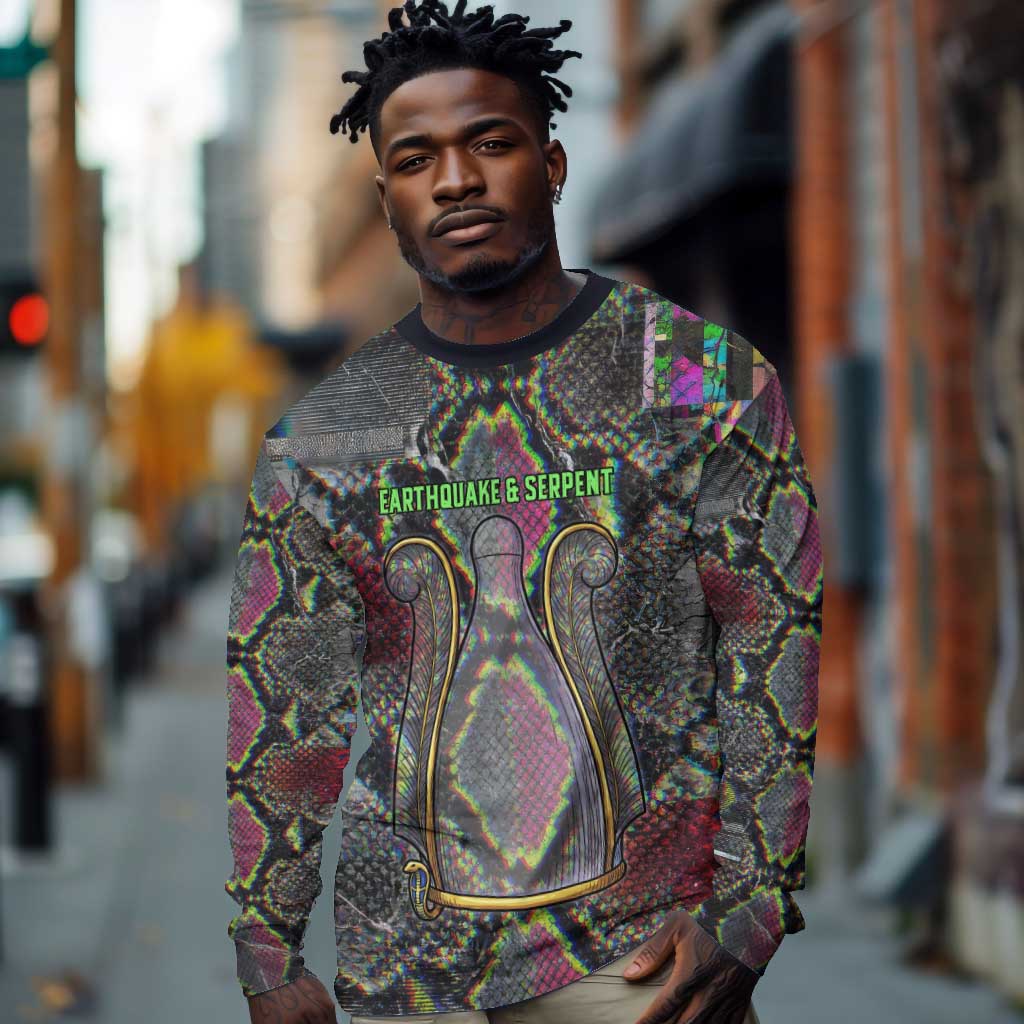 Geb Ancient Egyptian Long Sleeve Shirt with Serpent Throne and Snake Skin Texture Egyptian Earth God Tribute - African Pride