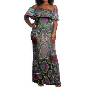 Geb Ancient Egyptian Off Shoulder Maxi Dress with Serpent Throne and Snake Skin Texture Egyptian Earth God Tribute - African Pride