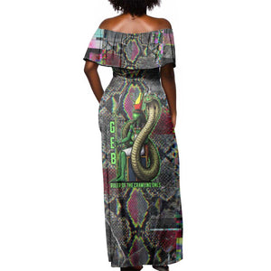 Geb Ancient Egyptian Off Shoulder Maxi Dress with Serpent Throne and Snake Skin Texture Egyptian Earth God Tribute - African Pride