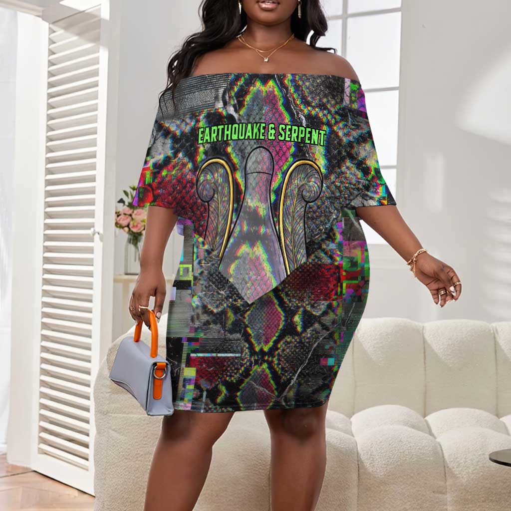 Geb Ancient Egyptian Off Shoulder Short Dress with Serpent Throne and Snake Skin Texture Egyptian Earth God Tribute - African Pride