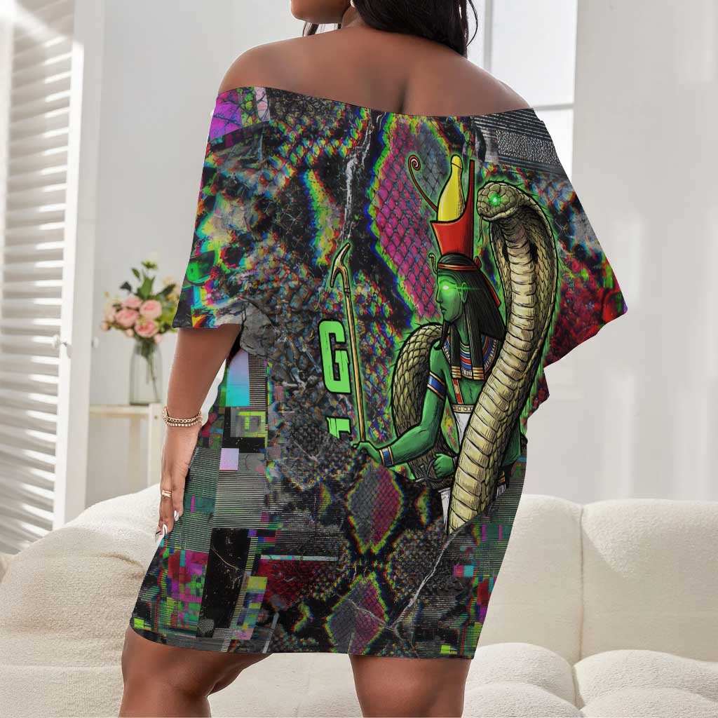 Geb Ancient Egyptian Off Shoulder Short Dress with Serpent Throne and Snake Skin Texture Egyptian Earth God Tribute - African Pride