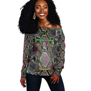 Geb Ancient Egyptian Off Shoulder Sweater with Serpent Throne and Snake Skin Texture Egyptian Earth God Tribute - African Pride