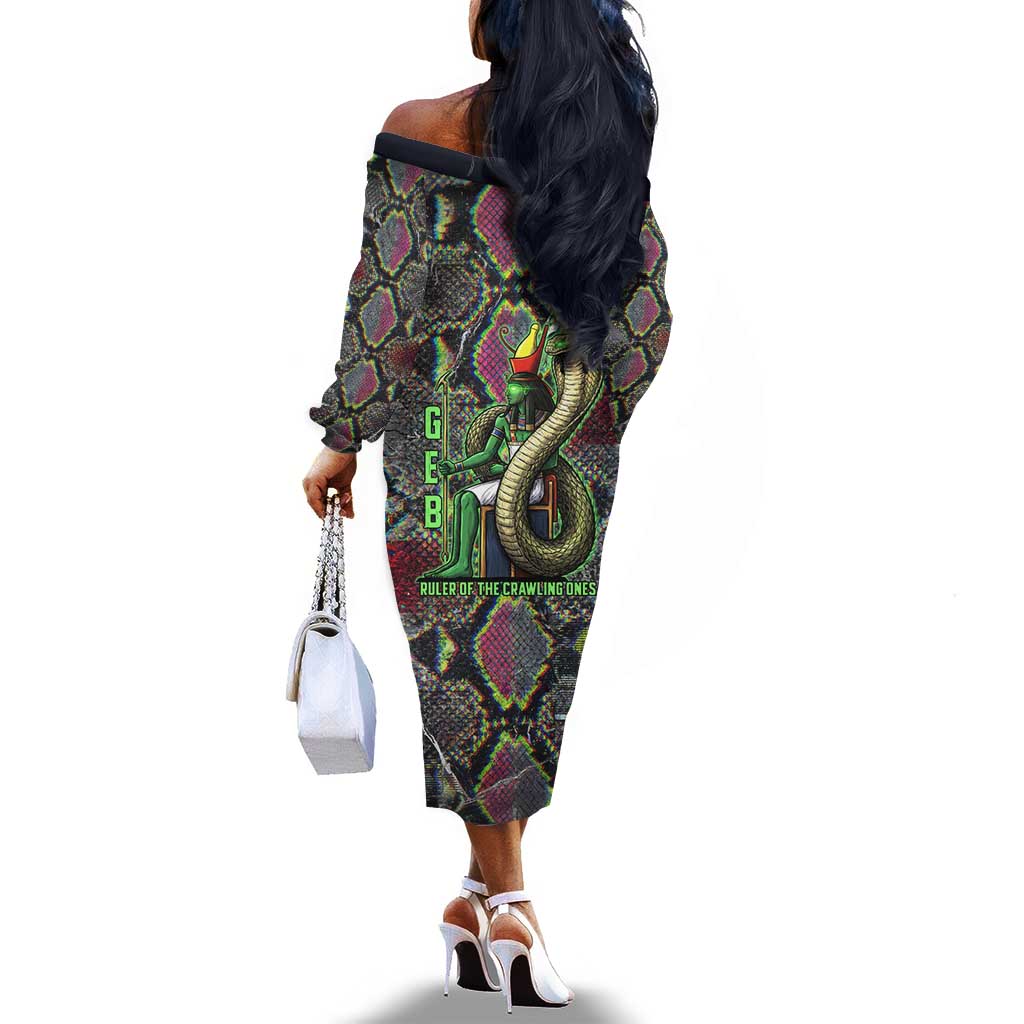 Geb Ancient Egyptian Off The Shoulder Long Sleeve Dress with Serpent Throne and Snake Skin Texture Egyptian Earth God Tribute - African Pride