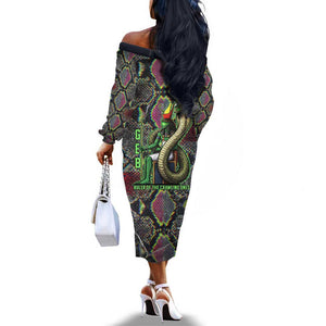 Geb Ancient Egyptian Off The Shoulder Long Sleeve Dress with Serpent Throne and Snake Skin Texture Egyptian Earth God Tribute - African Pride