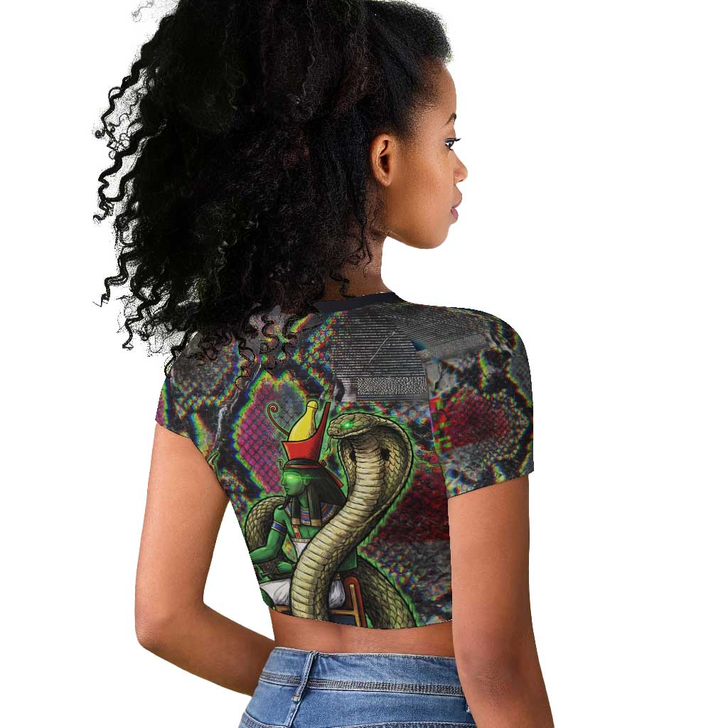 Geb Ancient Egyptian Raglan Cropped T shirt with Serpent Throne and Snake Skin Texture Egyptian Earth God Tribute - African Pride