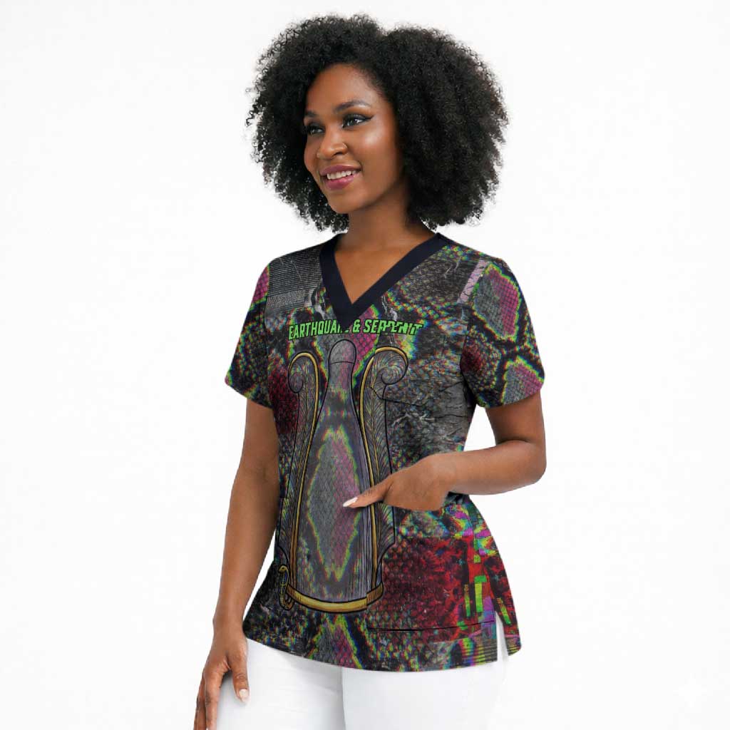 Geb Ancient Egyptian Scrub Top with Serpent Throne and Snake Skin Texture Egyptian Earth God Tribute - African Pride