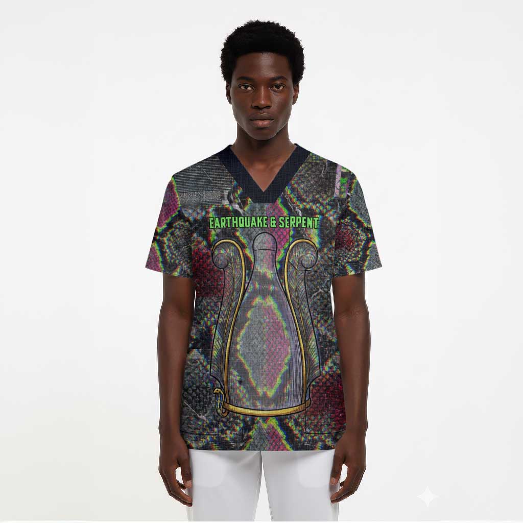 Geb Ancient Egyptian Scrub Top with Serpent Throne and Snake Skin Texture Egyptian Earth God Tribute - African Pride