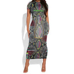 Geb Ancient Egyptian Short Sleeve Bodycon Dress with Serpent Throne and Snake Skin Texture Egyptian Earth God Tribute - African Pride