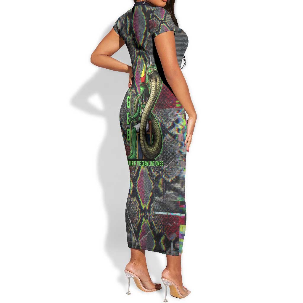 Geb Ancient Egyptian Short Sleeve Bodycon Dress with Serpent Throne and Snake Skin Texture Egyptian Earth God Tribute - African Pride