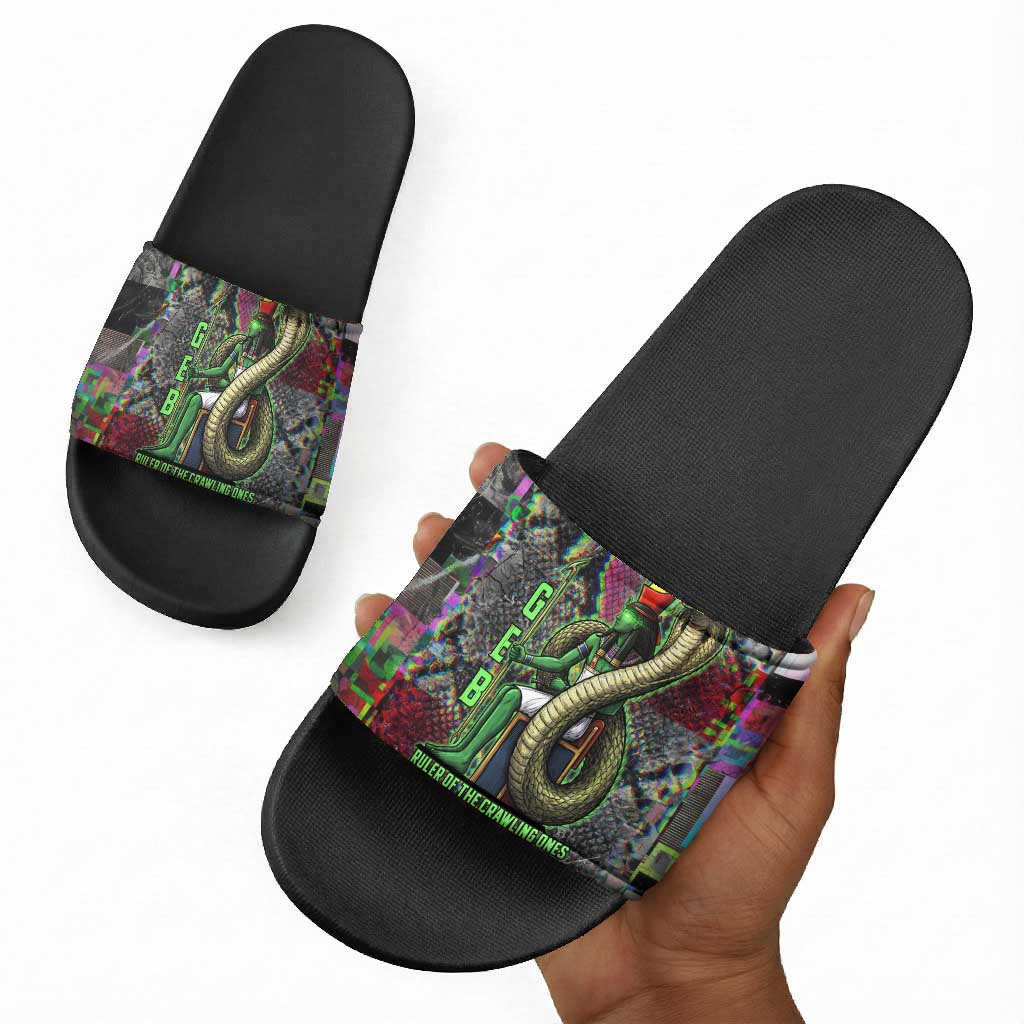 Geb Ancient Egyptian Slide Sandals with Serpent Throne and Snake Skin Texture Egyptian Earth God Tribute - African Pride