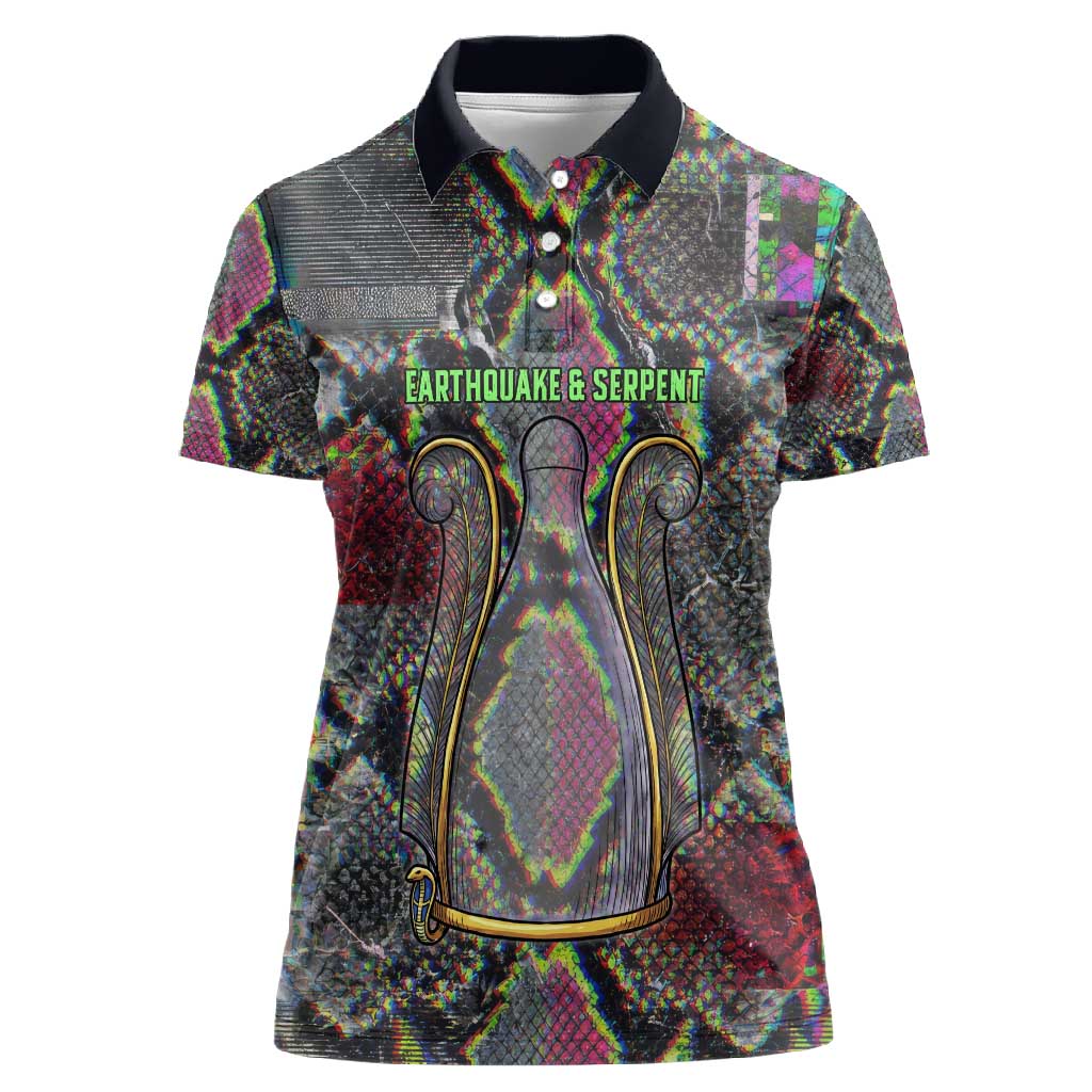 Geb Ancient Egyptian Women Polo Shirt with Serpent Throne and Snake Skin Texture Egyptian Earth God Tribute - African Pride