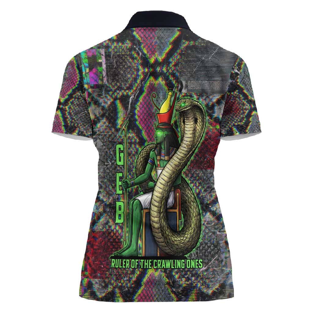 Geb Ancient Egyptian Women Polo Shirt with Serpent Throne and Snake Skin Texture Egyptian Earth God Tribute - African Pride