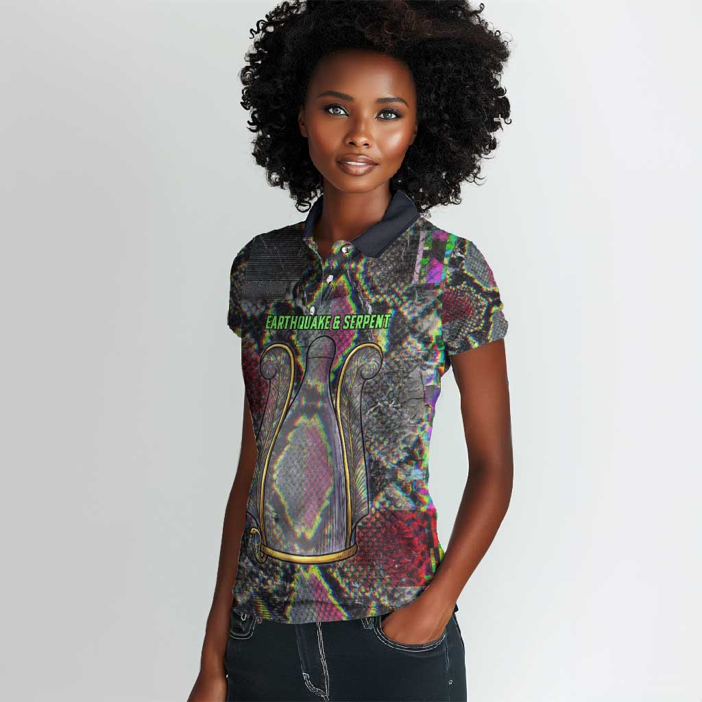Geb Ancient Egyptian Women Polo Shirt with Serpent Throne and Snake Skin Texture Egyptian Earth God Tribute - African Pride